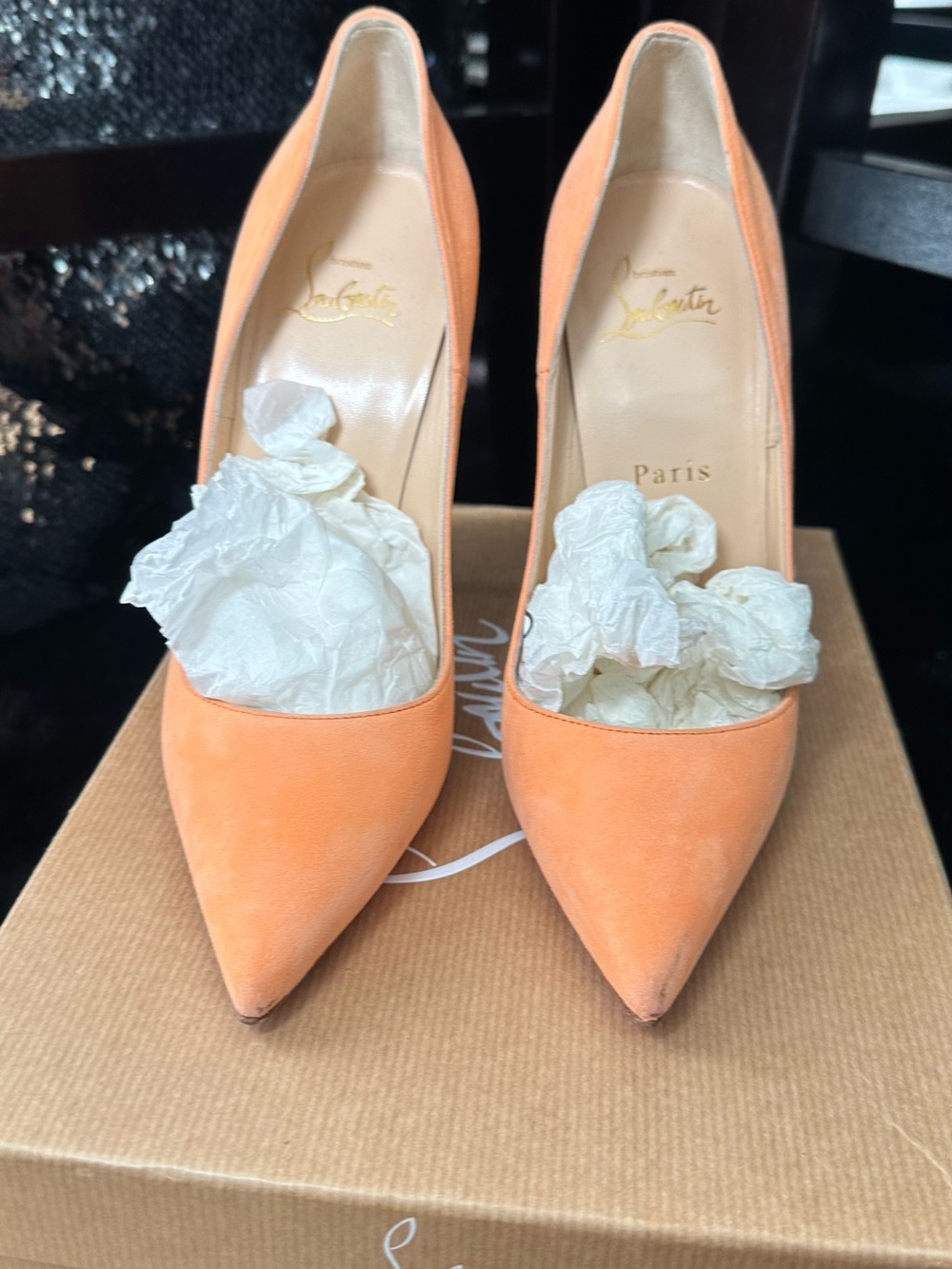 Christian Louboutin Peach-Orange Suede Pointed Toe Pumps